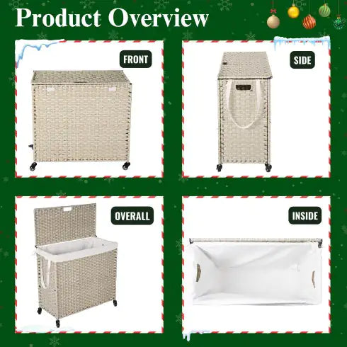 Laundry Hamper With Lid PE Rattan Powder Coating Frame Clothes Hampers & Removable Bags