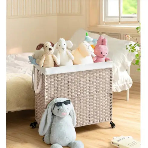 Laundry Hamper With Lid PE Rattan Powder Coating Frame Clothes Hampers & Removable Bags