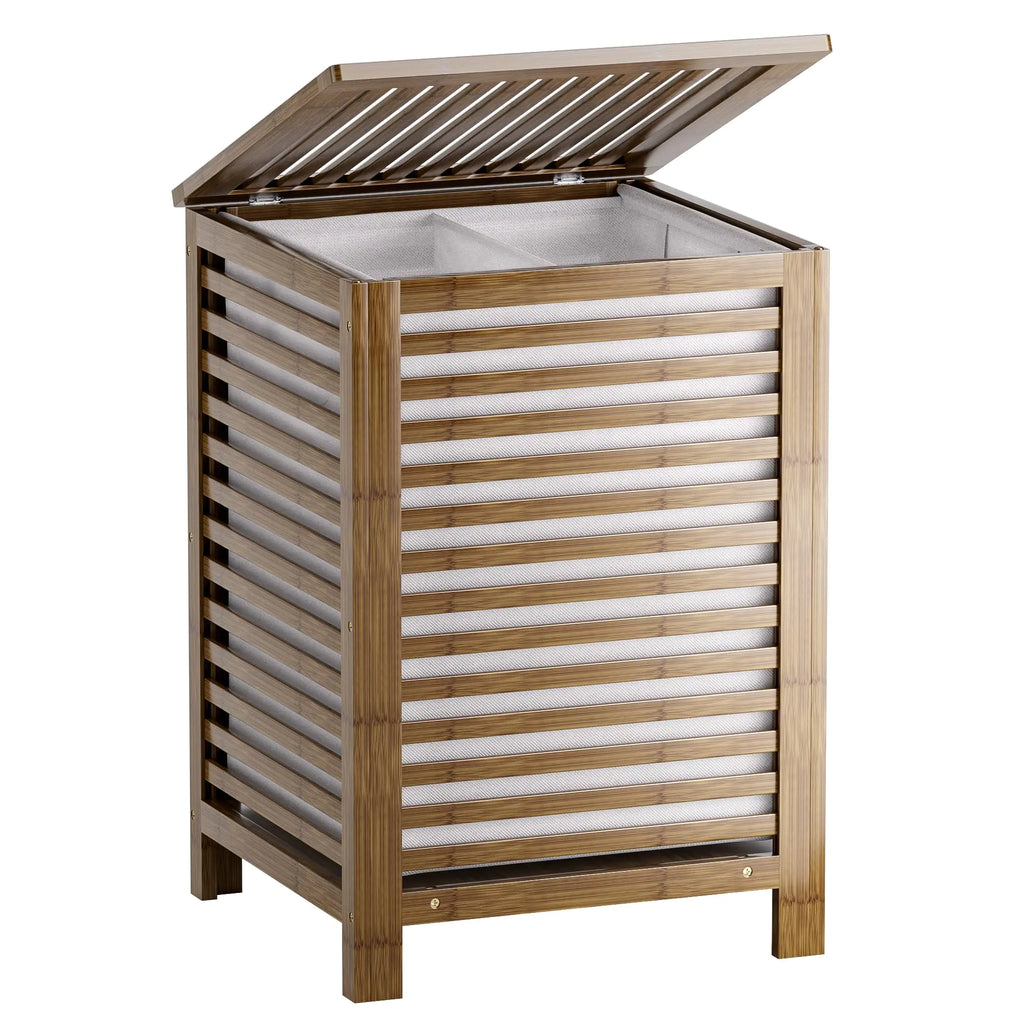 SMIBUY Double Laundry Bamboo Hamper with Lid and Removable Liner Bag