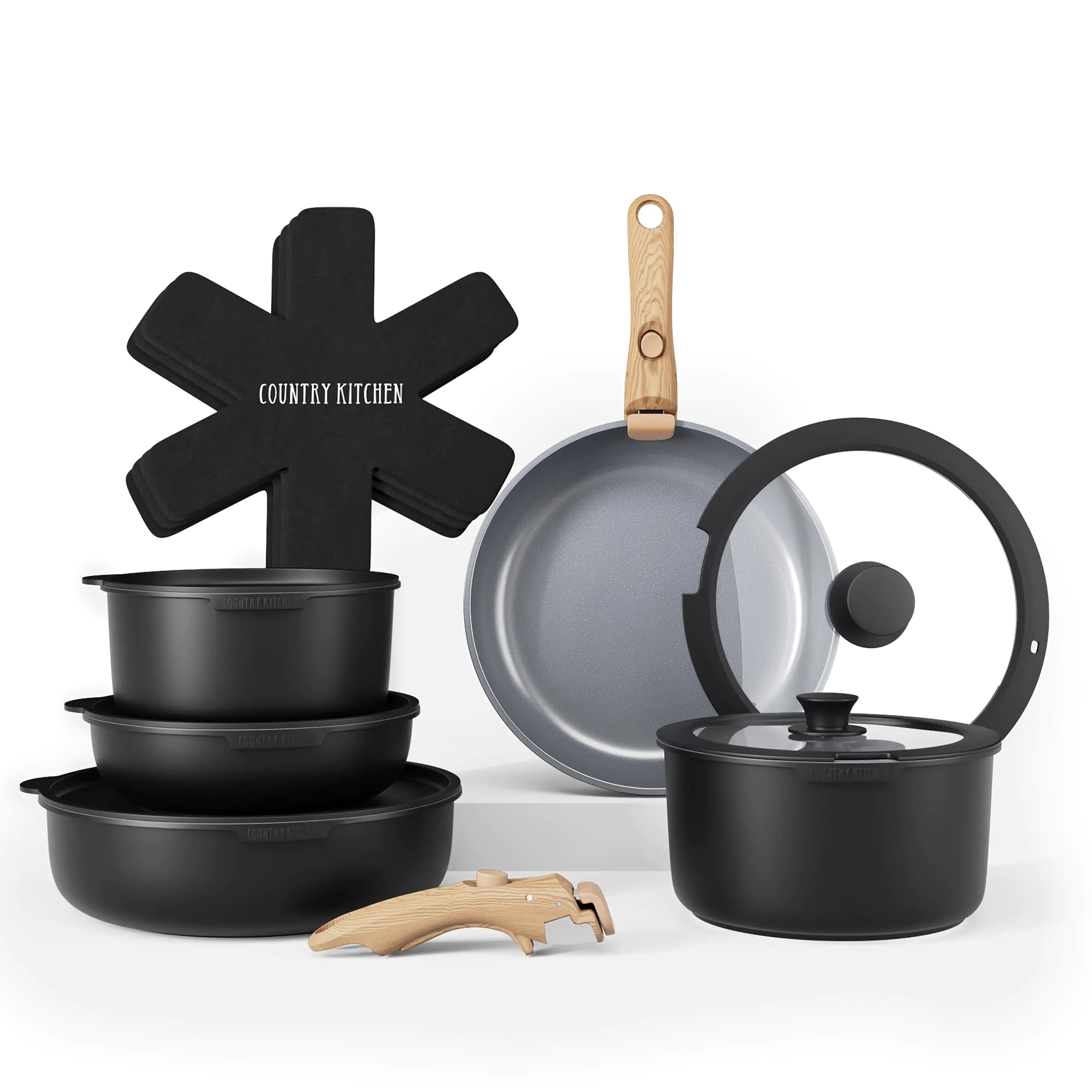 Country Kitchen Cookware Set with Removable Handle