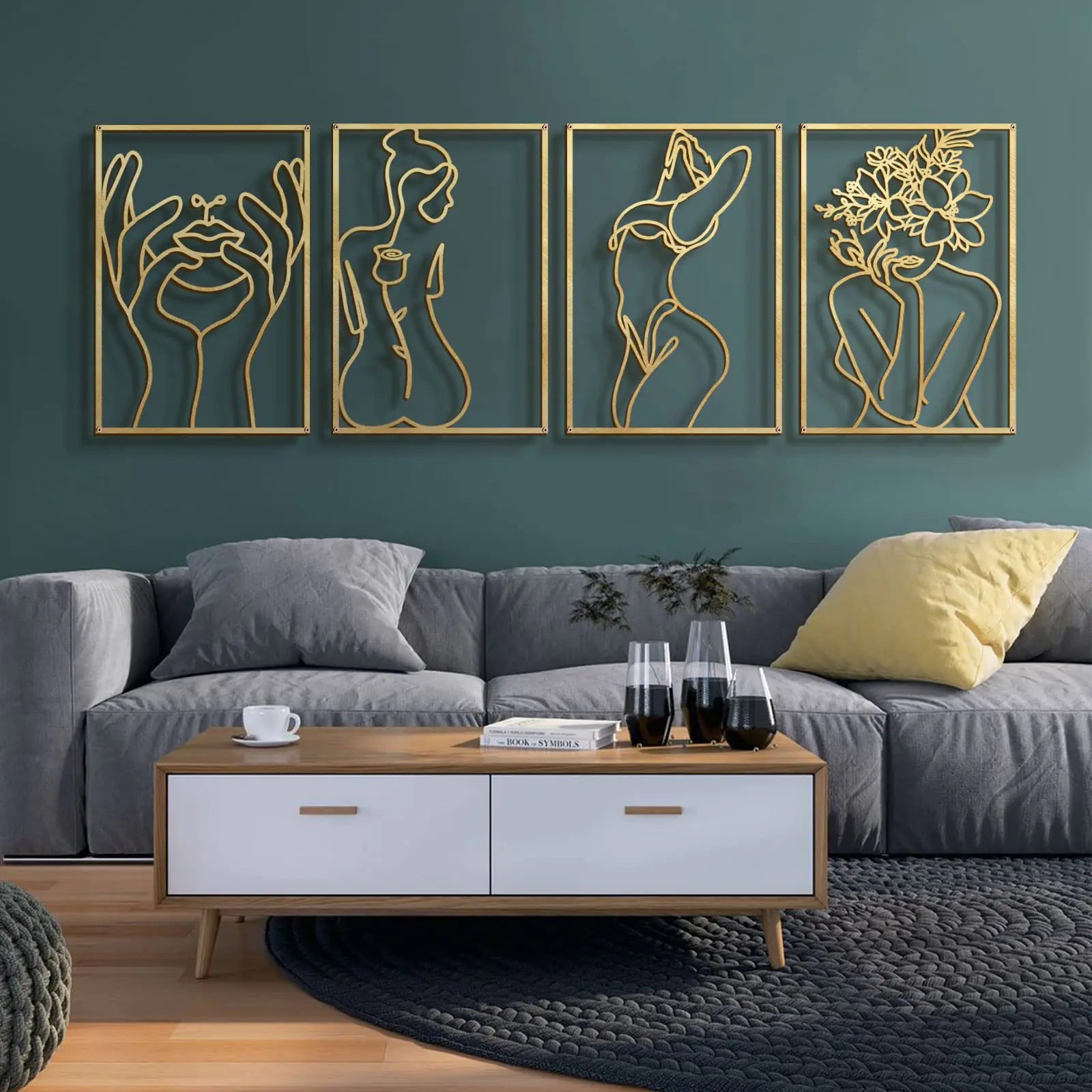 Glamativity 4-Pack Gold Wall Art Décor Minimalist Décor Single Line Art