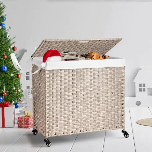 Laundry Hamper With Lid PE Rattan Powder Coating Frame Clothes Hampers & Removable Bags