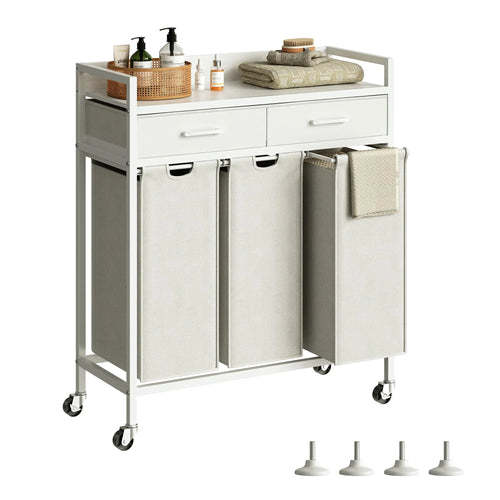 3 Section Laundry Basket with Shelf Durable, Rolling Wheels & Storage Drawers