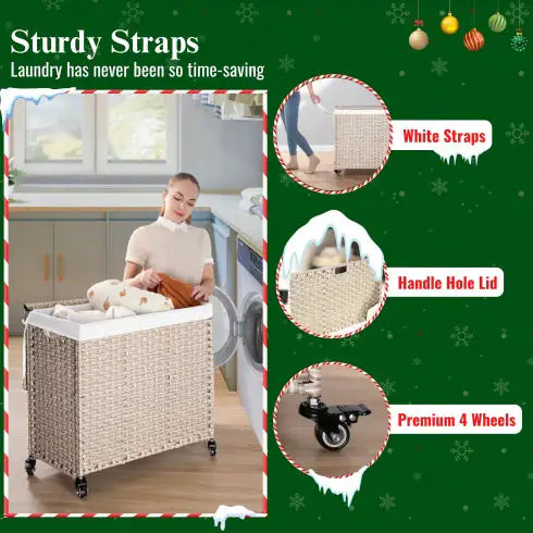 Laundry Hamper With Lid PE Rattan Powder Coating Frame Clothes Hampers & Removable Bags