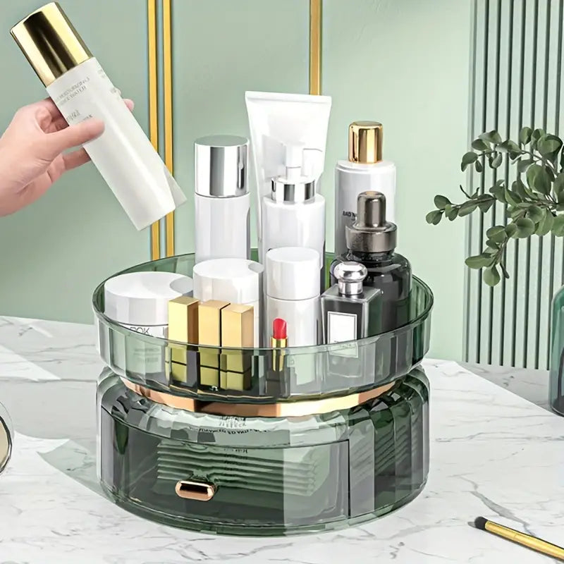 Rotating Makeup Perfume Organizer with Drawer and Tray